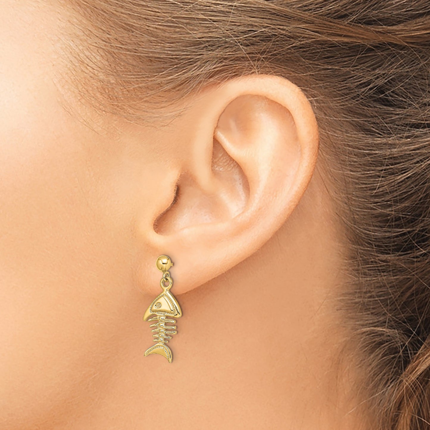 14K 3-D Fishbone Dangle Post Earrings