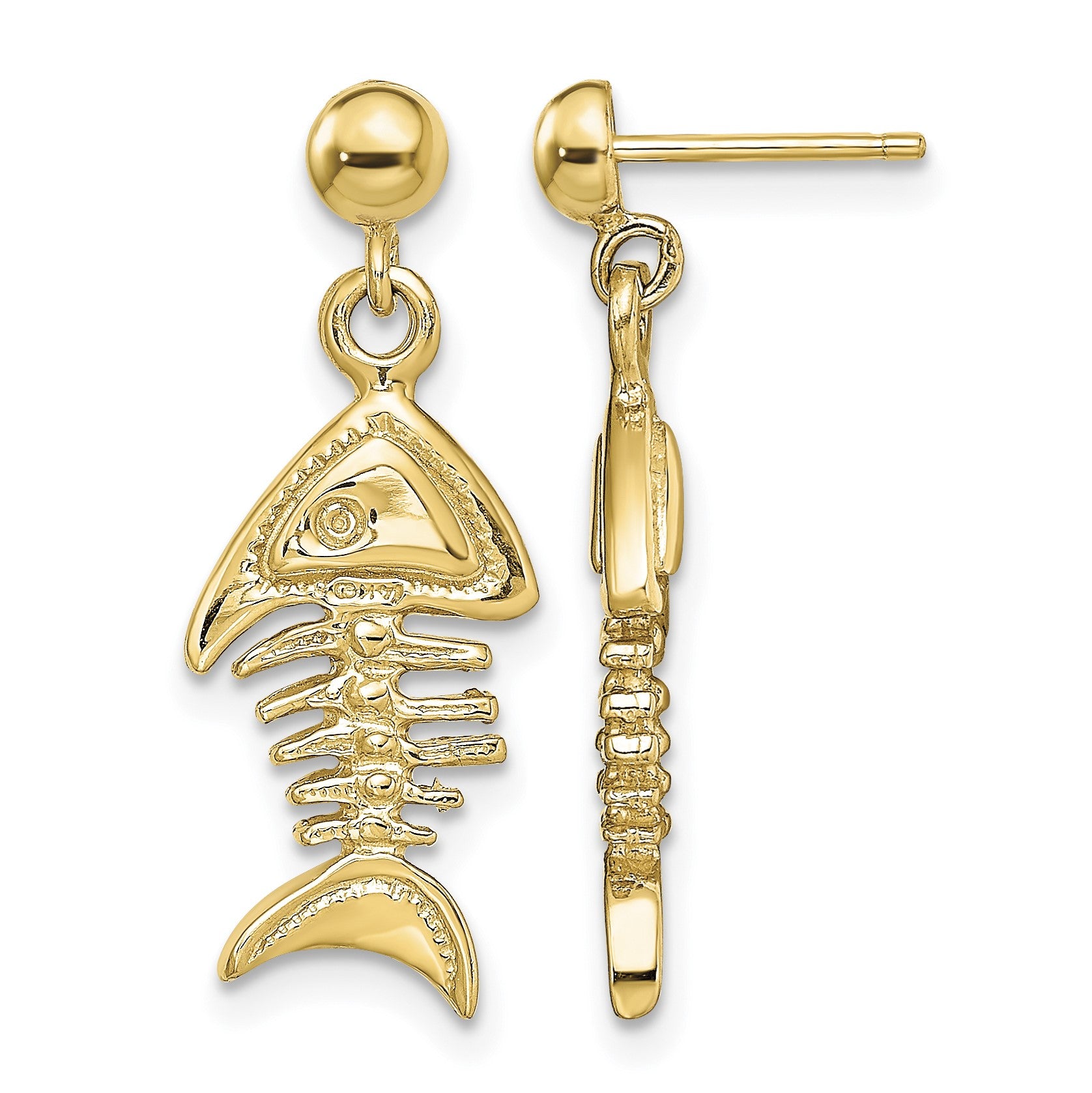 14K 3-D Fishbone Dangle Post Earrings