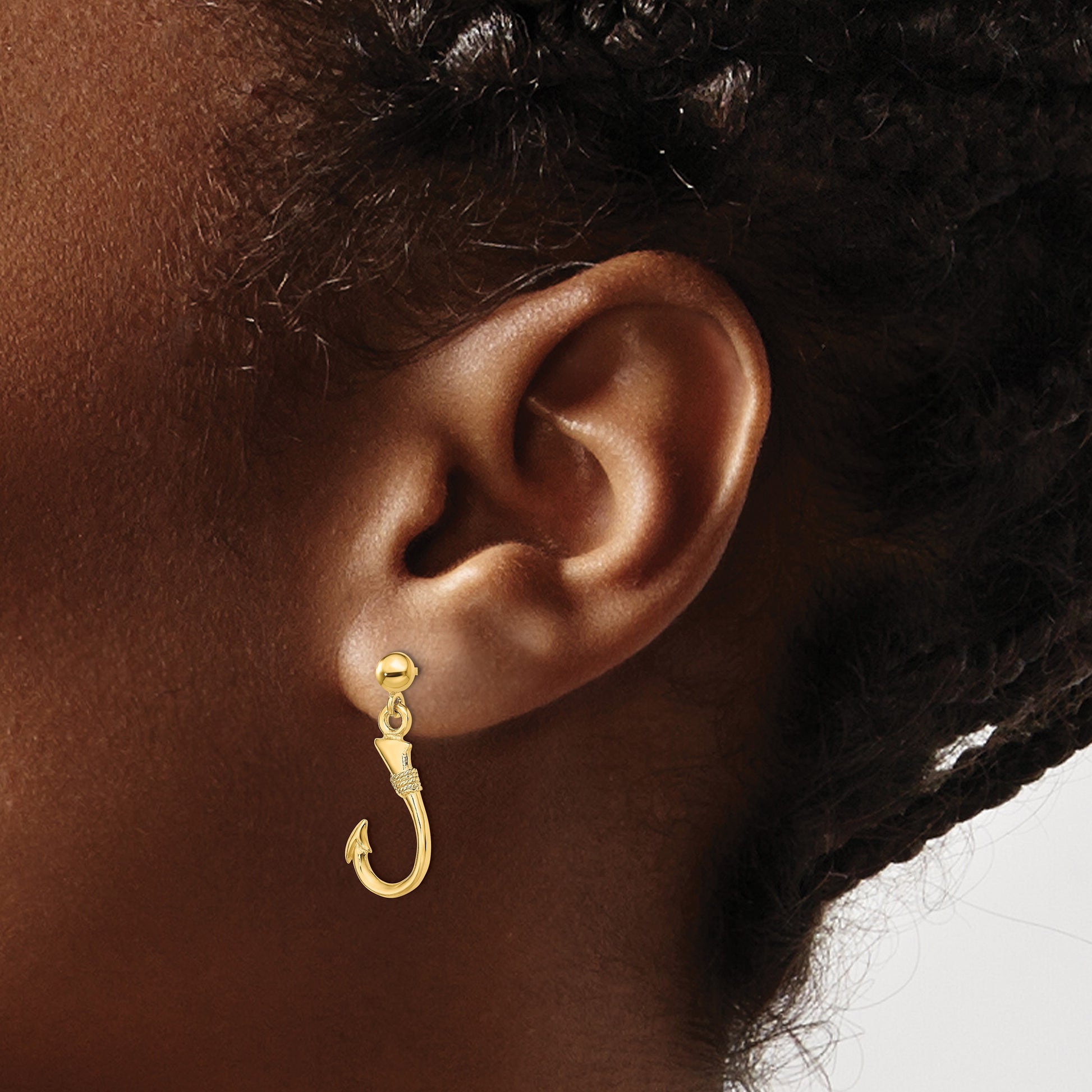 14K 3-D Fish Hook Dangle Post Earrings