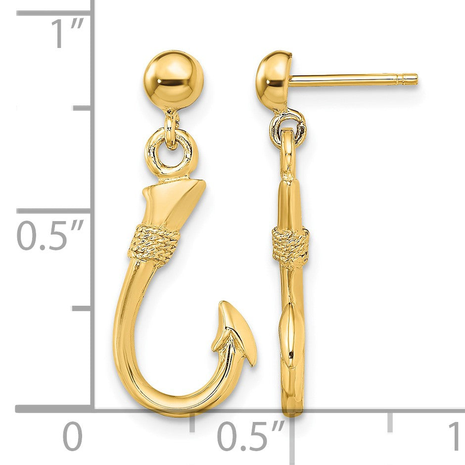 14K 3-D Fish Hook Dangle Post Earrings