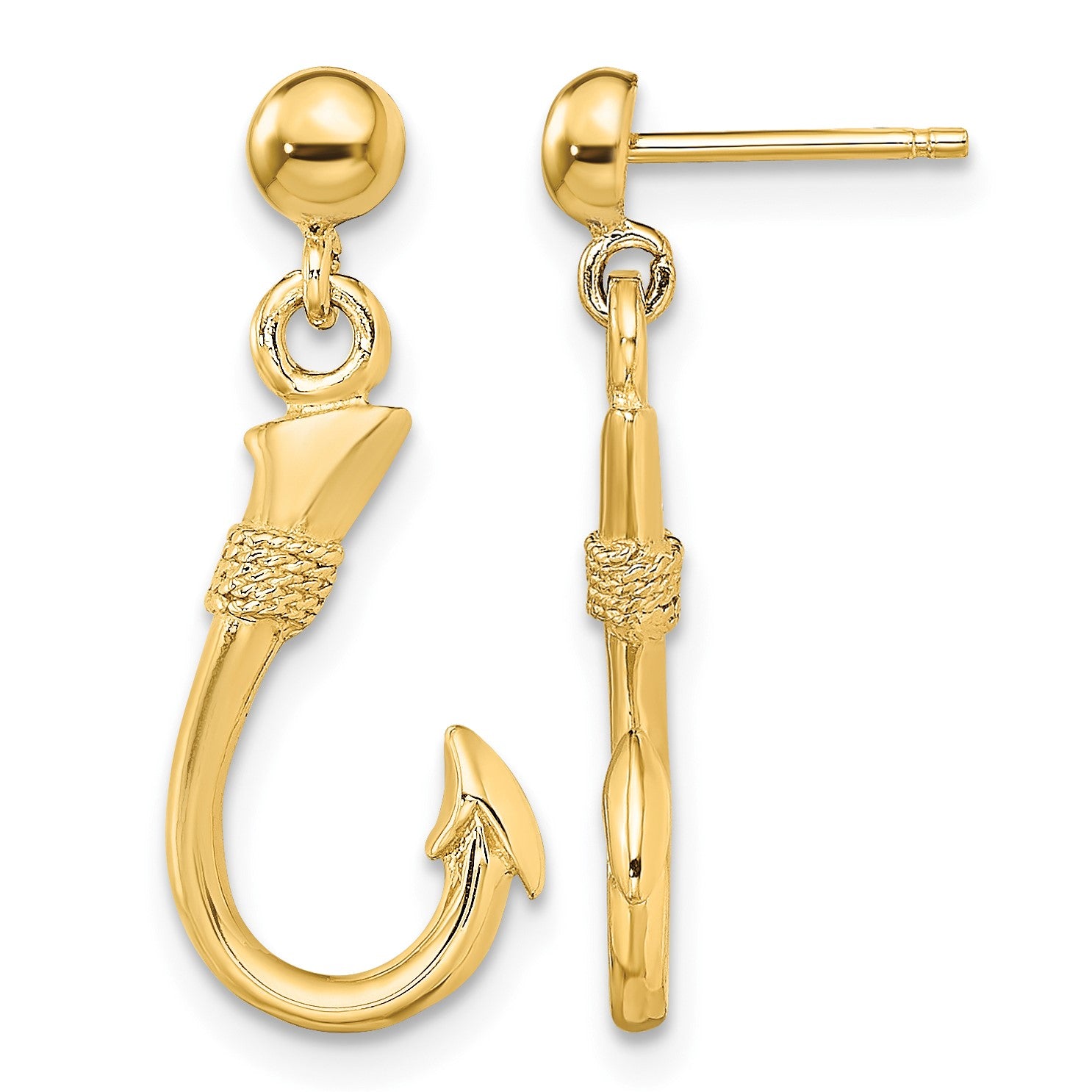 14K 3-D Fish Hook Dangle Post Earrings
