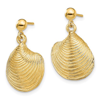 14K 2-D Textured and Polished Clam Shell Dangle Earrings