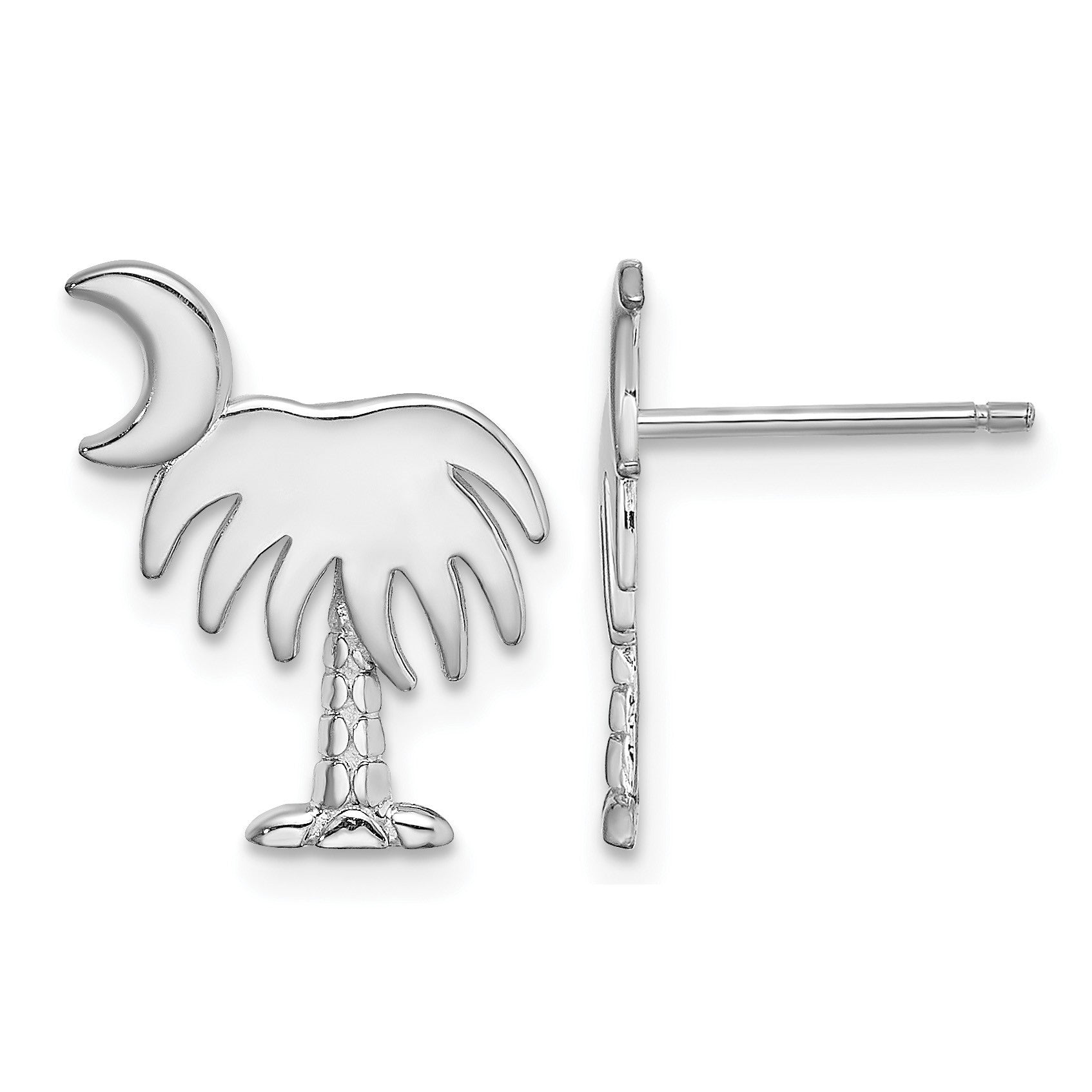 14K White Gold White Charleston Palm Tree with Moon Post Earrings