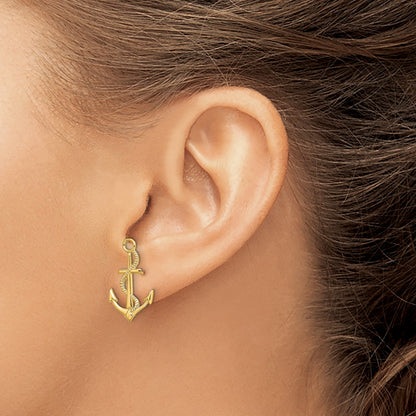 14K Polished and Textured Anchor with Rope Post Earrings