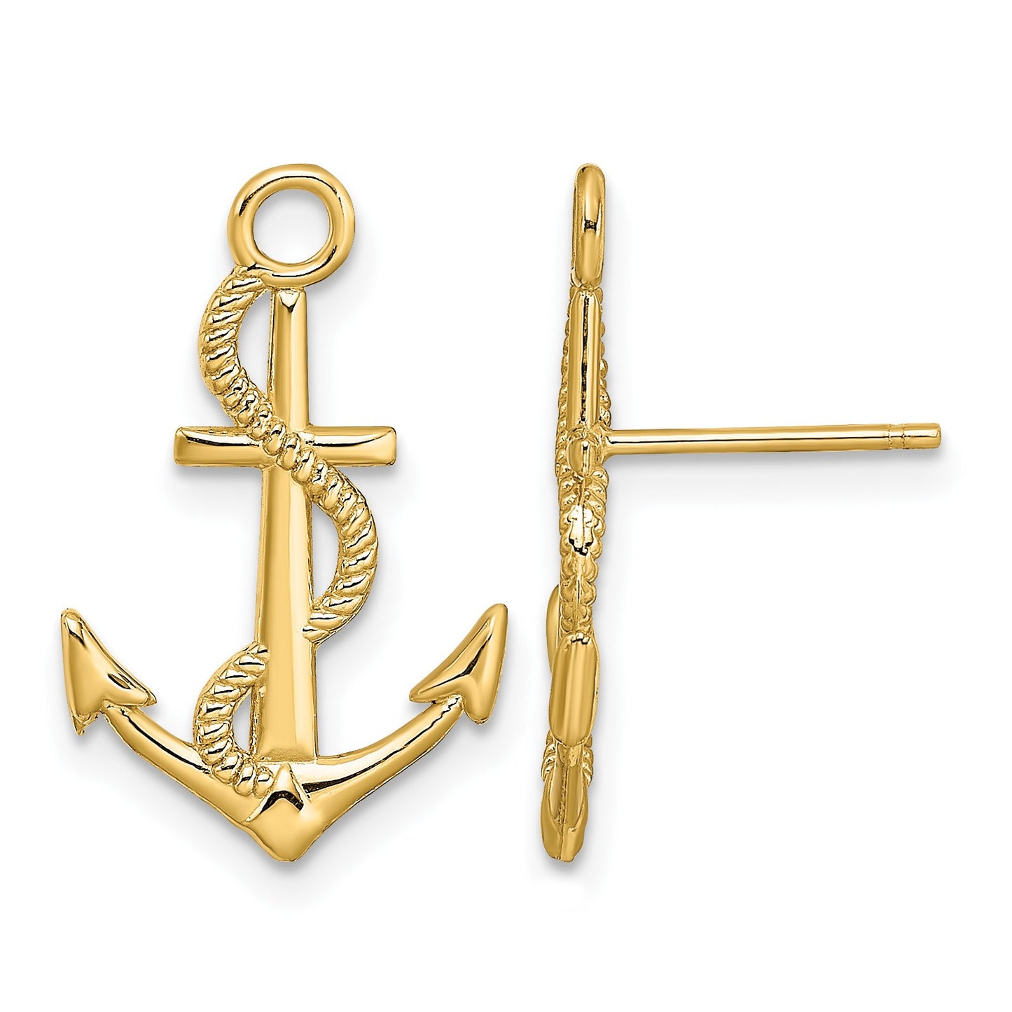 14K Polished and Textured Anchor with Rope Post Earrings