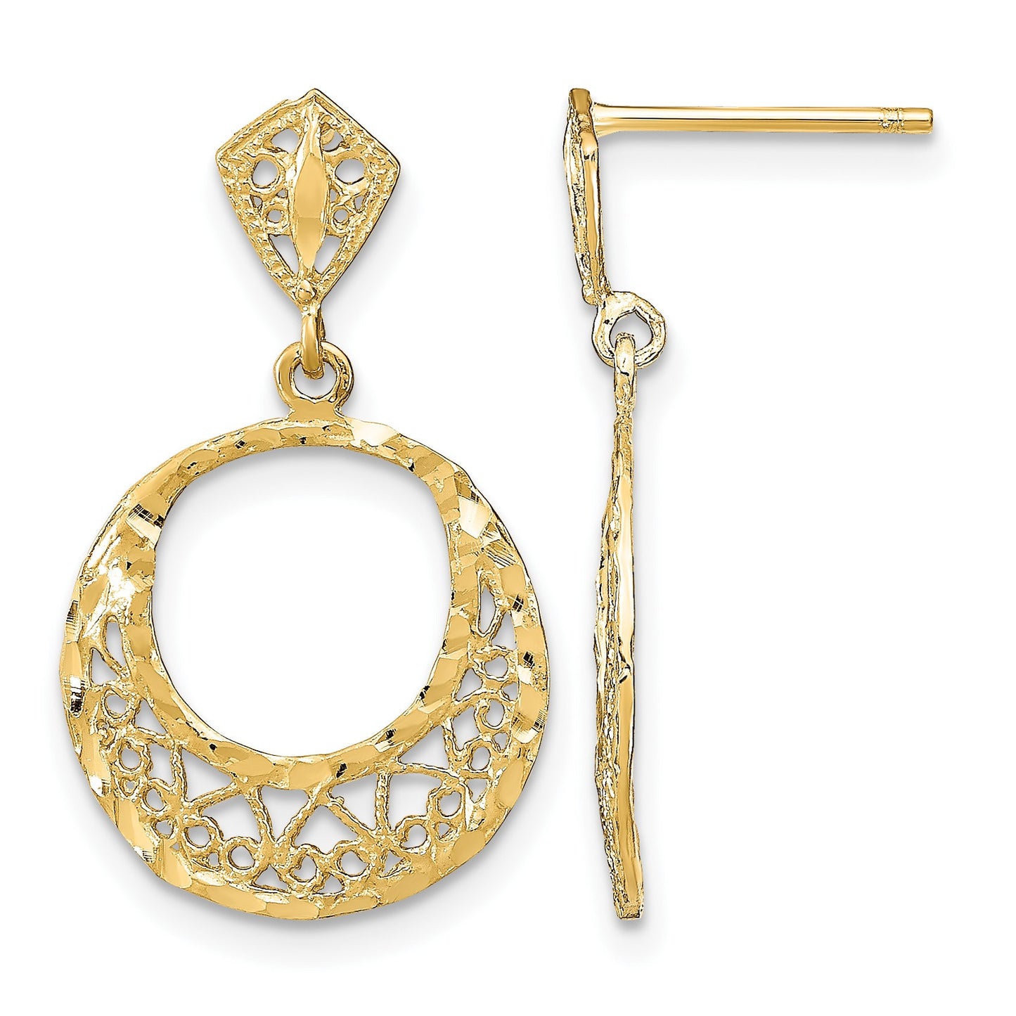 14K Diamond-cut Filigree Circle Dangle Post Earrings