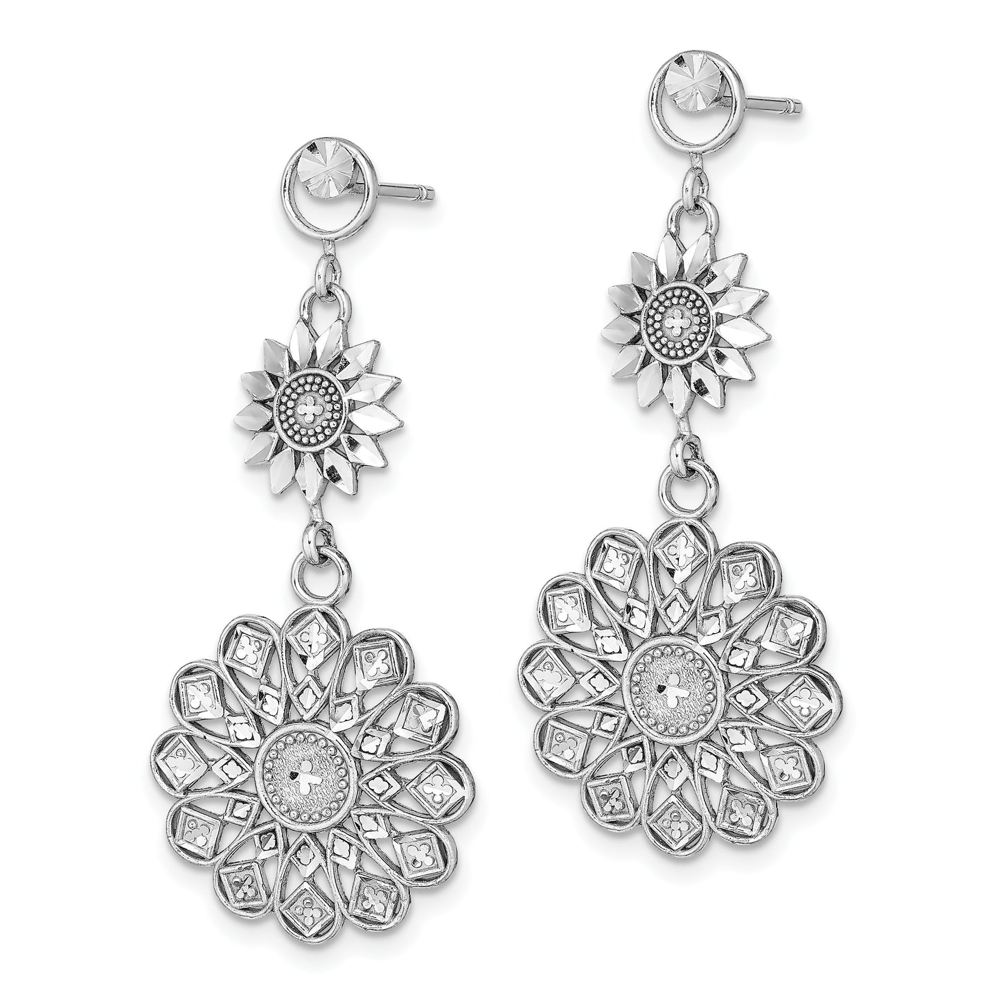 14K White Gold Diamond-cut Sunflower-Style Double Drop Post Earrings