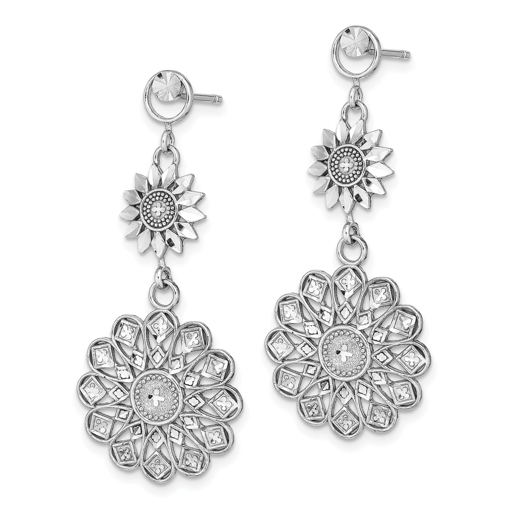14K White Gold Diamond-cut Sunflower-Style Double Drop Post Earrings