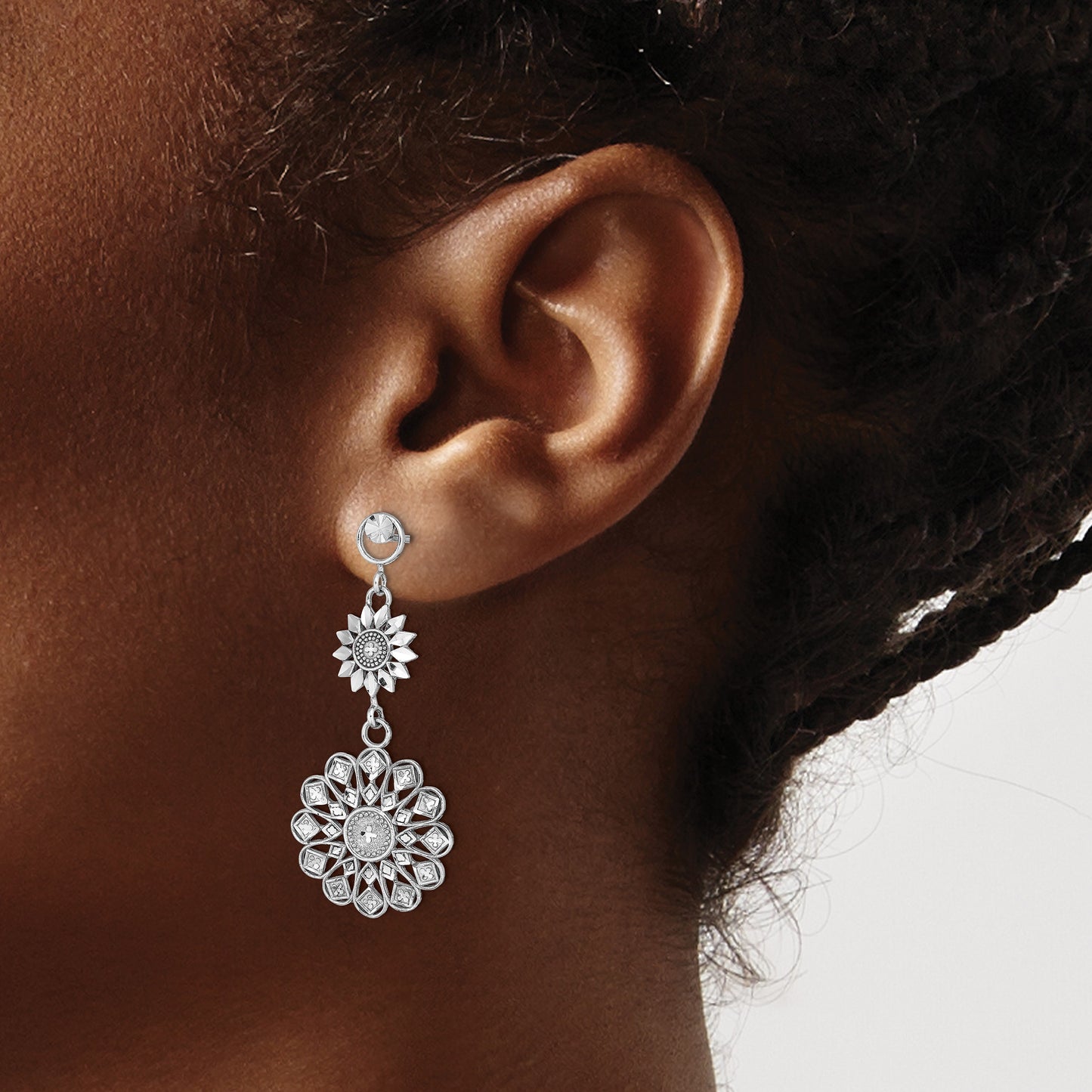 14K White Gold Diamond-cut Sunflower-Style Double Drop Post Earrings