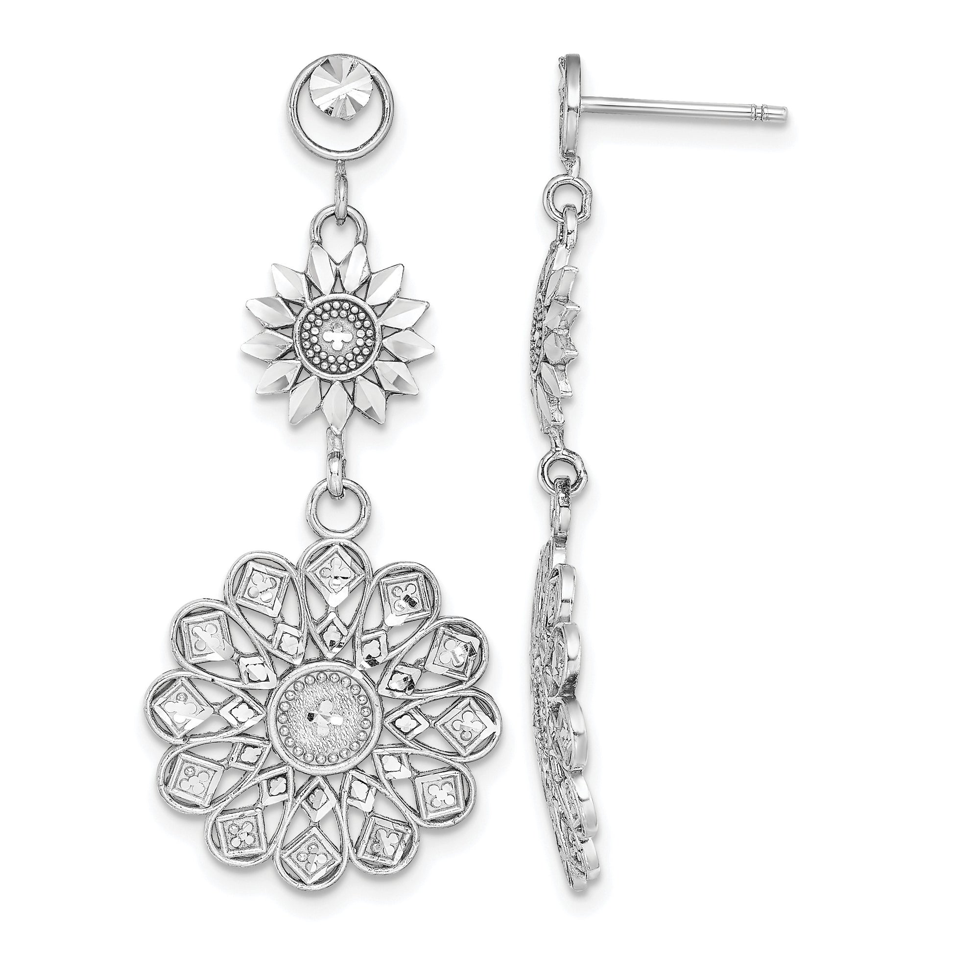 14K White Gold Diamond-cut Sunflower-Style Double Drop Post Earrings