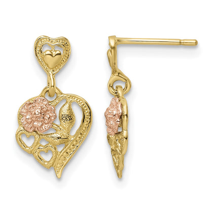 14k Two-tone Heart and Flower Dangle Post Earrings