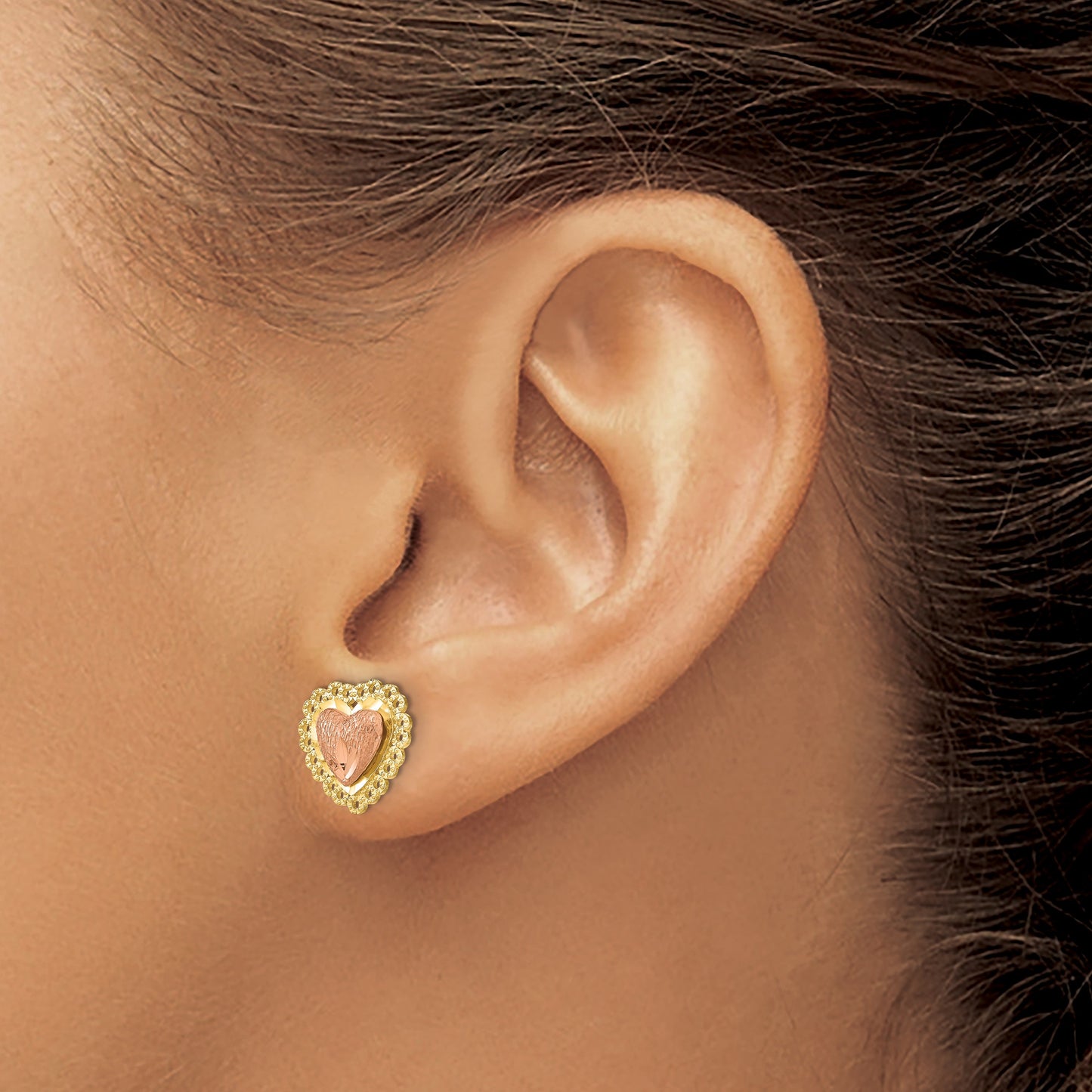 14k Two-Tone Diamond-cut Heart with Lace Trim Post Earrings