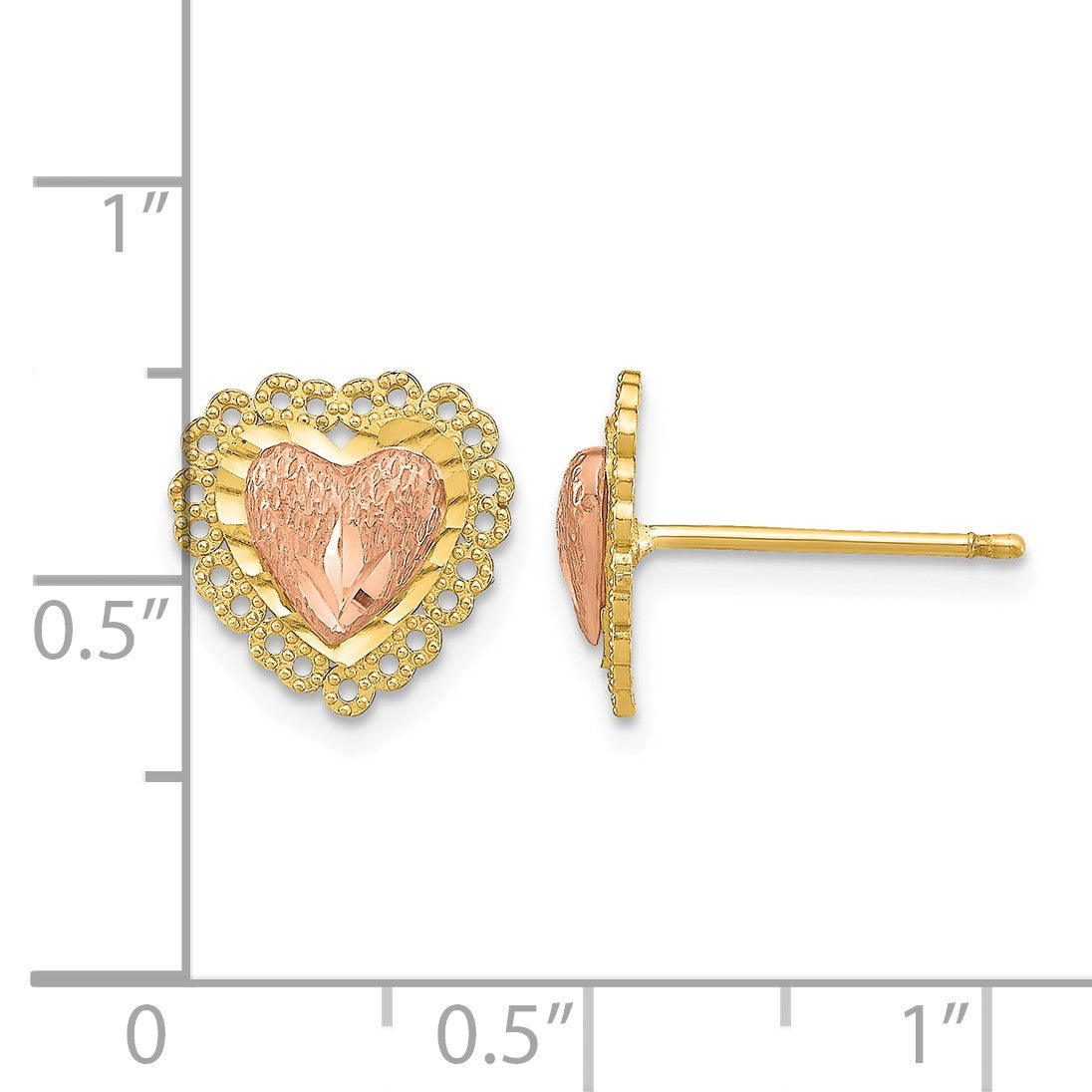 14k Two-Tone Diamond-cut Heart with Lace Trim Post Earrings