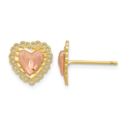 14k Two-Tone Diamond-cut Heart with Lace Trim Post Earrings