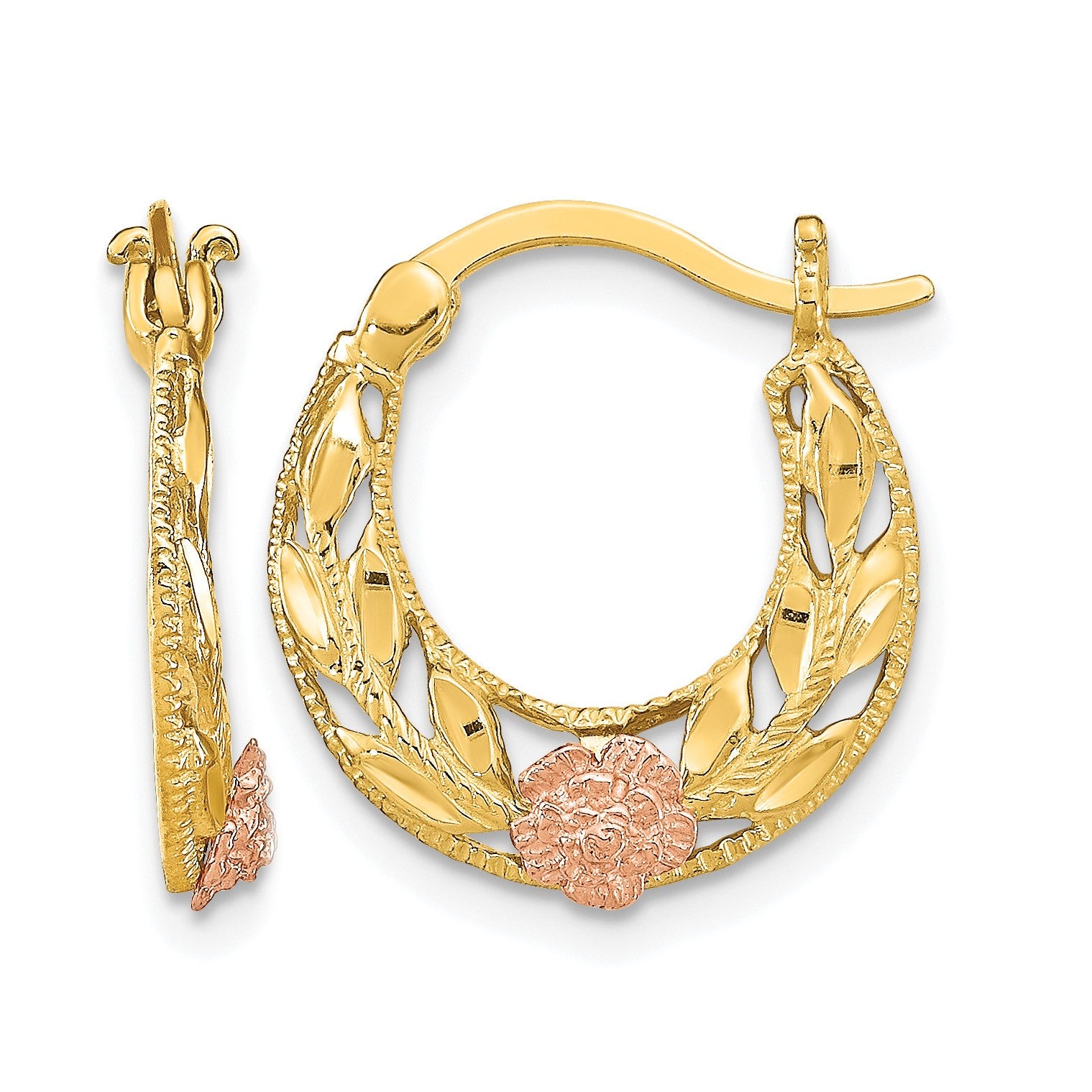 14K Two-Tone D/C Flowers Hoop Earrings
