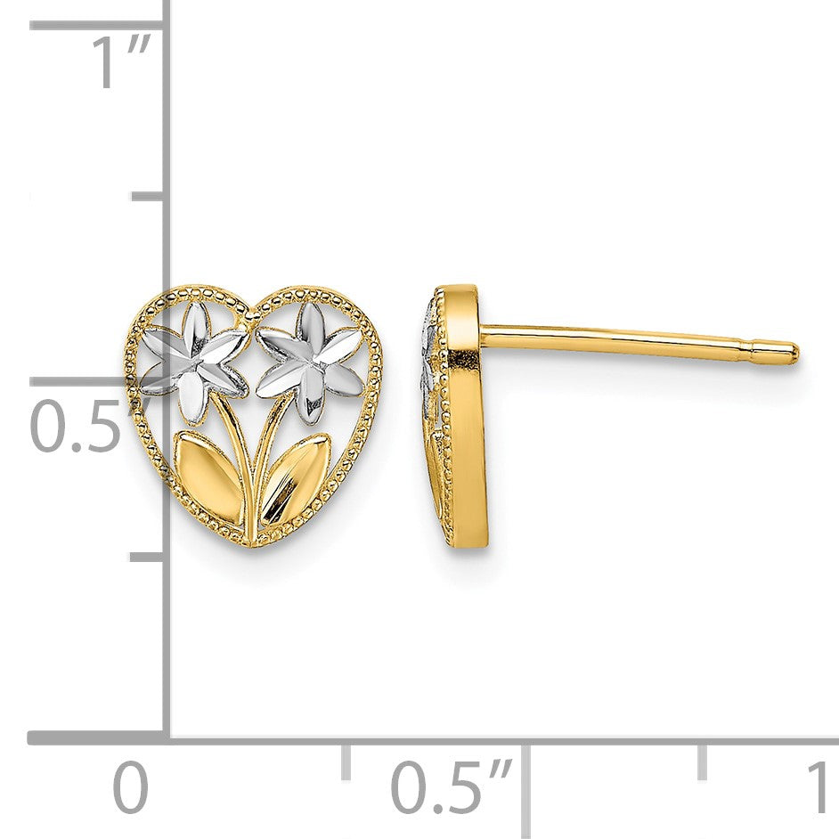 14k and White Rhodium Diamond-cut Flowers in Heart Post Earrings