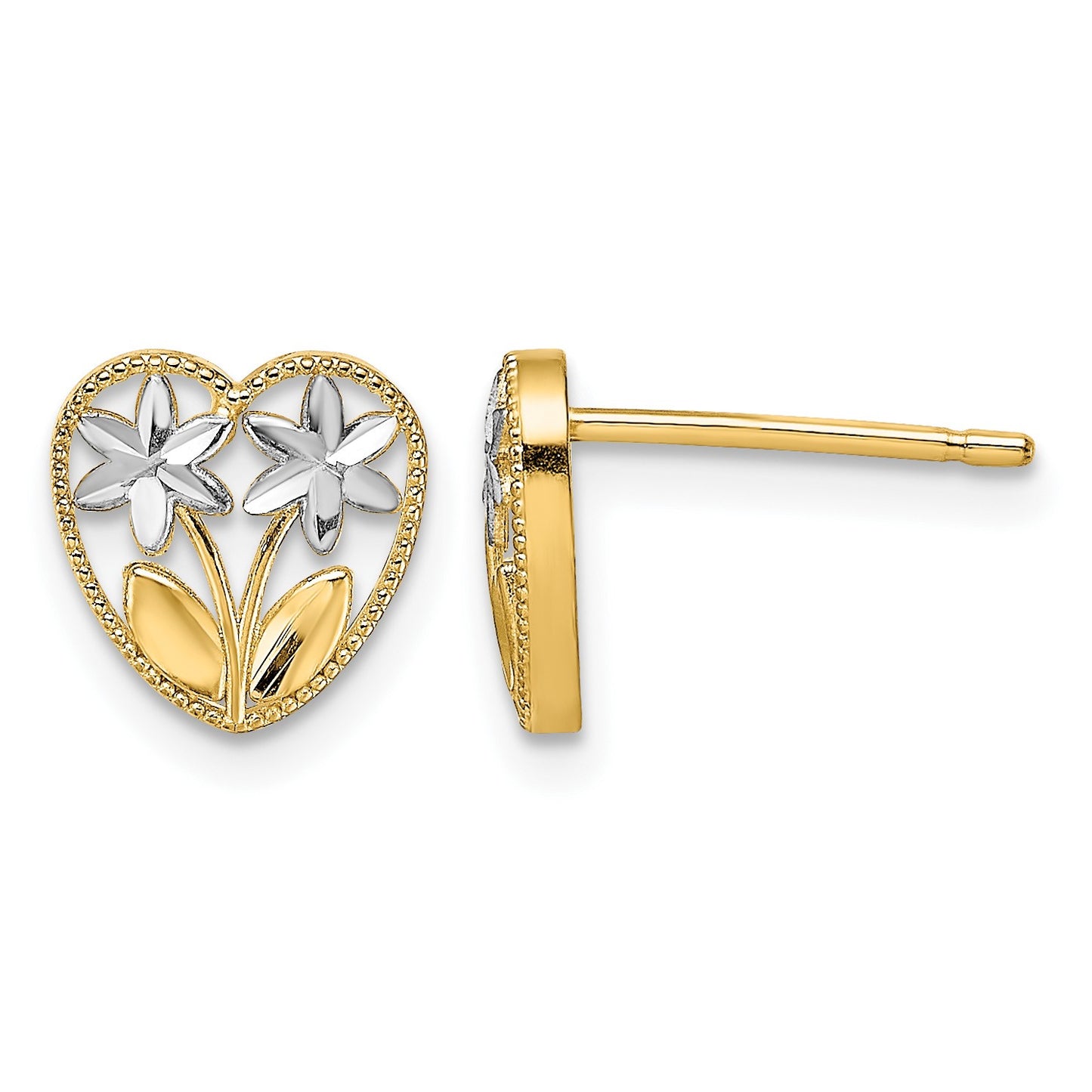 14k and White Rhodium Diamond-cut Flowers in Heart Post Earrings