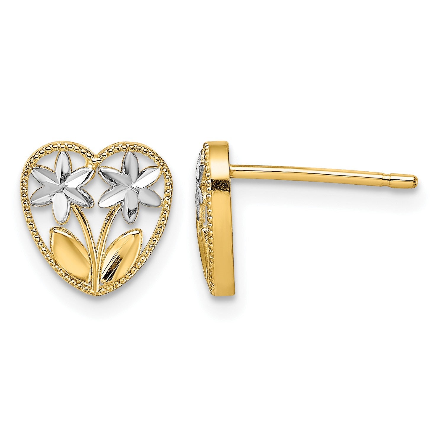 14k and White Rhodium Diamond-cut Flowers in Heart Post Earrings