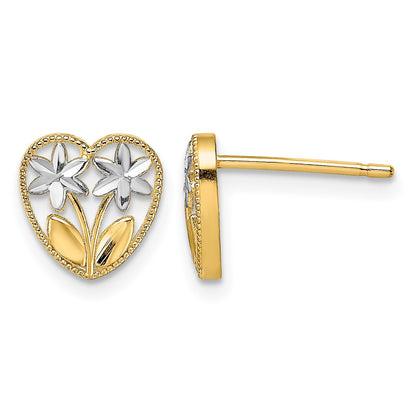 14k and White Rhodium Diamond-cut Flowers in Heart Post Earrings
