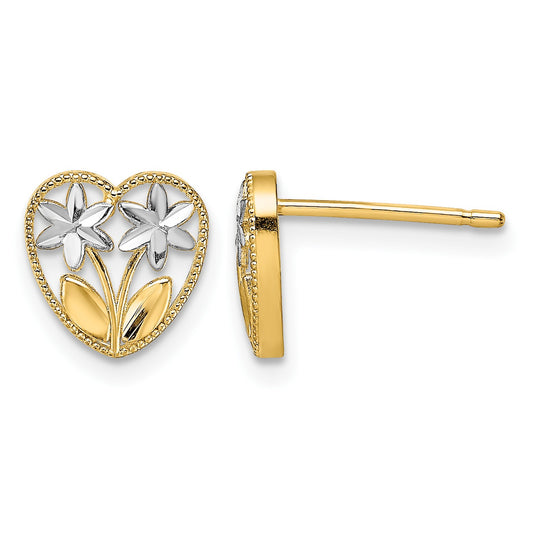 14k and White Rhodium Diamond-cut Flowers in Heart Post Earrings