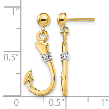 14K and White Rhodium 3-D Fish Hook with Rope Dangle Post Earrings