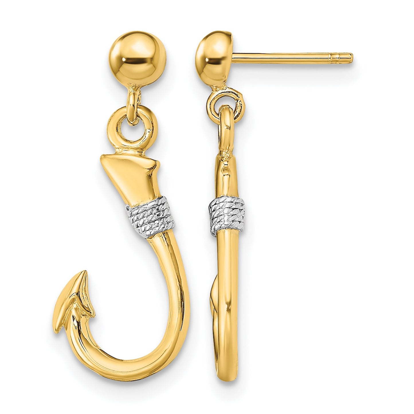 14K and White Rhodium 3-D Fish Hook with Rope Dangle Post Earrings