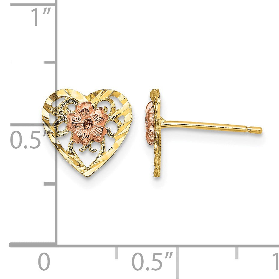 14k Two-Tone Diamond-cut Flower in Heart Post Earrings