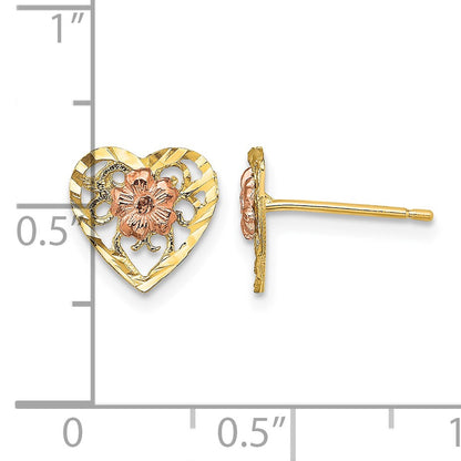 14k Two-Tone Diamond-cut Flower in Heart Post Earrings