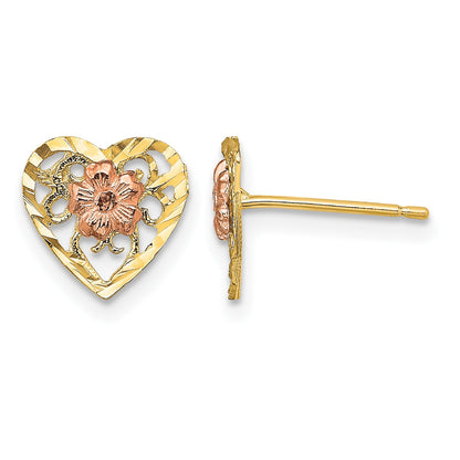 14k Two-Tone Diamond-cut Flower in Heart Post Earrings