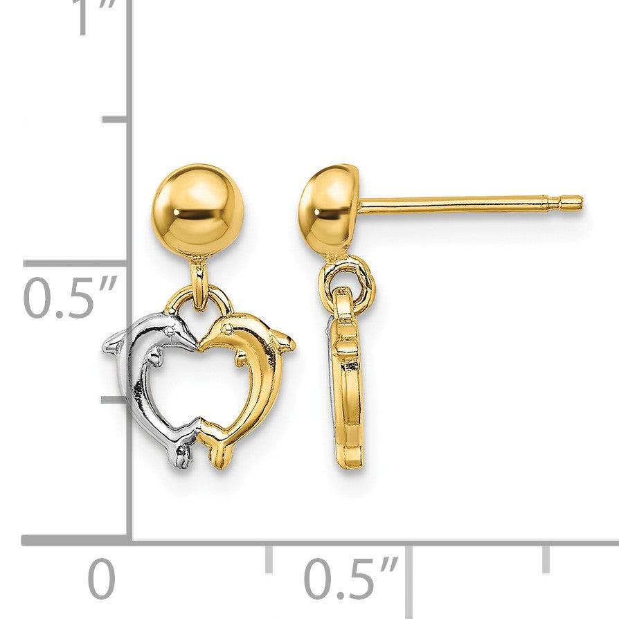 14K and White Rhodium Two Dolphins Dangle Post Earrings