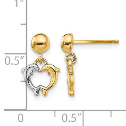 14K and White Rhodium Two Dolphins Dangle Post Earrings