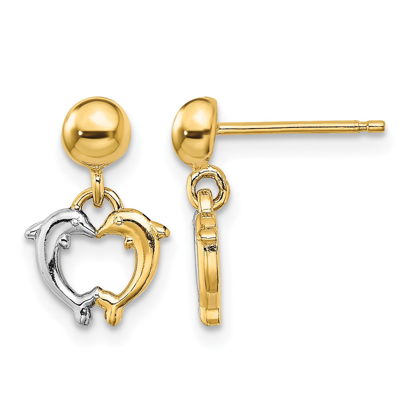 14K and White Rhodium Two Dolphins Dangle Post Earrings