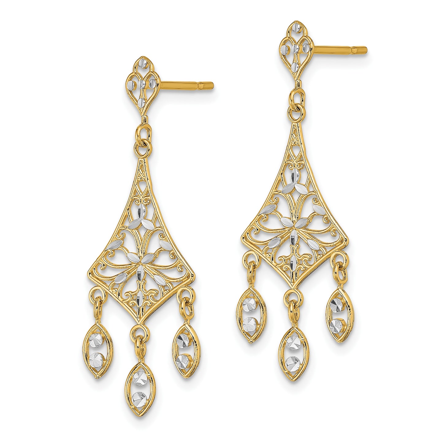 14K and White Rhodium Filigree Diamond-cut Chandelier Dangle Post Earrings