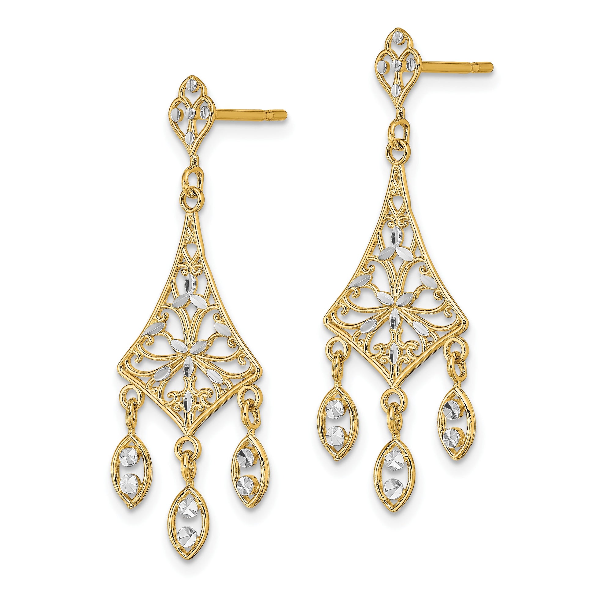 14K and White Rhodium Filigree Diamond-cut Chandelier Dangle Post Earrings