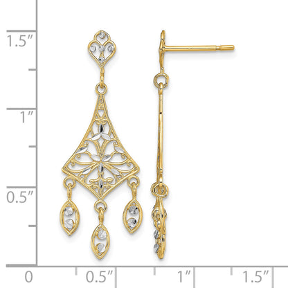 14K and White Rhodium Filigree Diamond-cut Chandelier Dangle Post Earrings