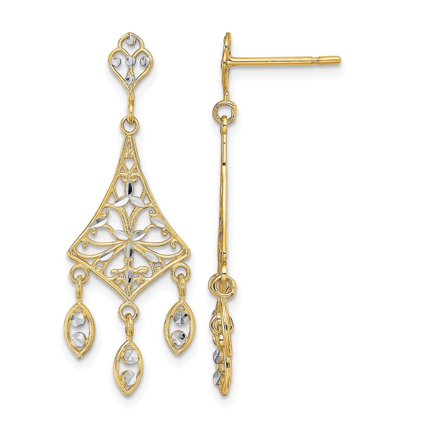 14K and White Rhodium Filigree Diamond-cut Chandelier Dangle Post Earrings