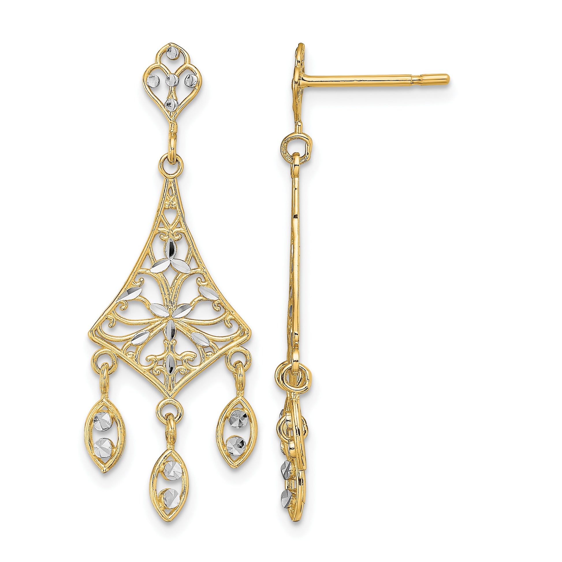 14K and White Rhodium Filigree Diamond-cut Chandelier Dangle Post Earrings