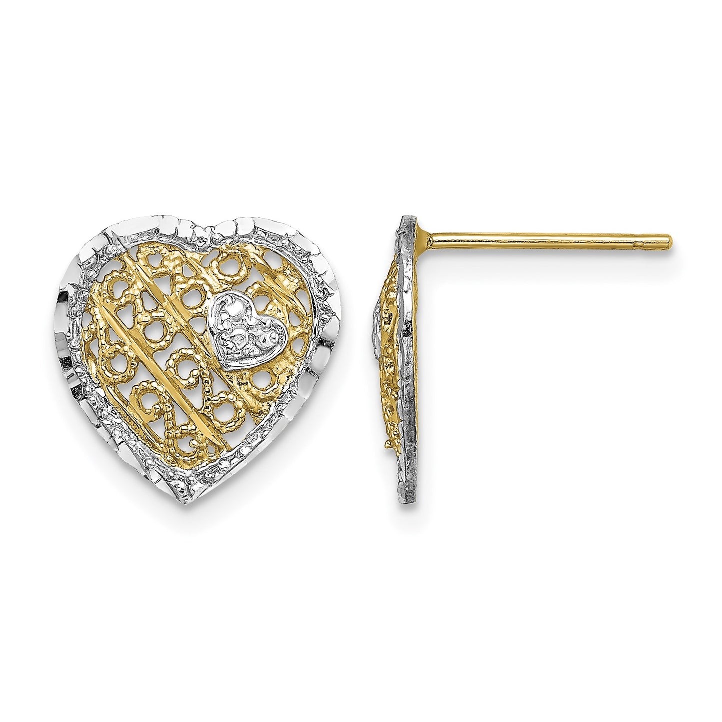 14k and White Rhodium Filigree Heart Post Earrings
