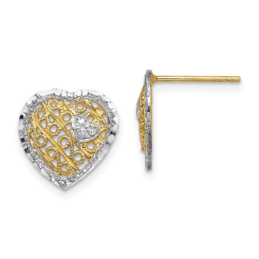 14k and White Rhodium Filigree Heart Post Earrings