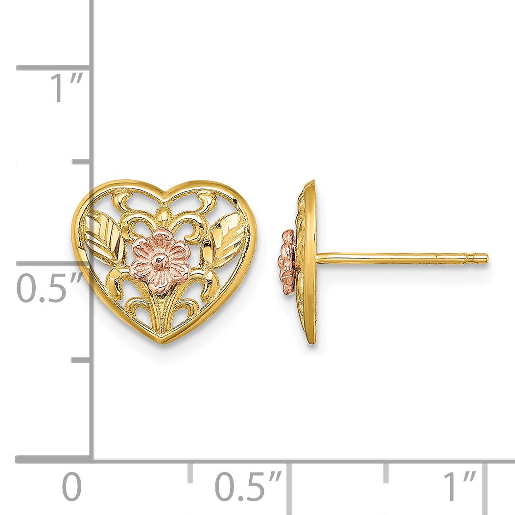 14K Two-tone Polished Floral in Heart Post Earrings