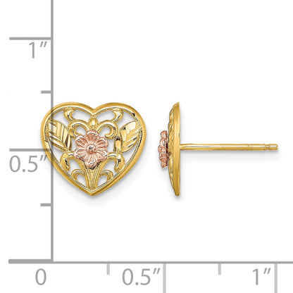 14K Two-tone Polished Floral in Heart Post Earrings