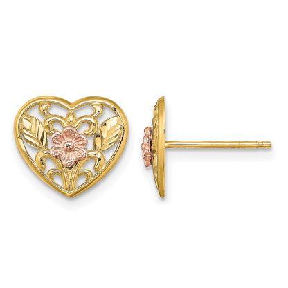 14K Two-tone Polished Floral in Heart Post Earrings
