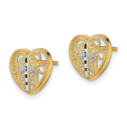 14K and White Rhodium Cross in Center Filigree Heart Post Earrings