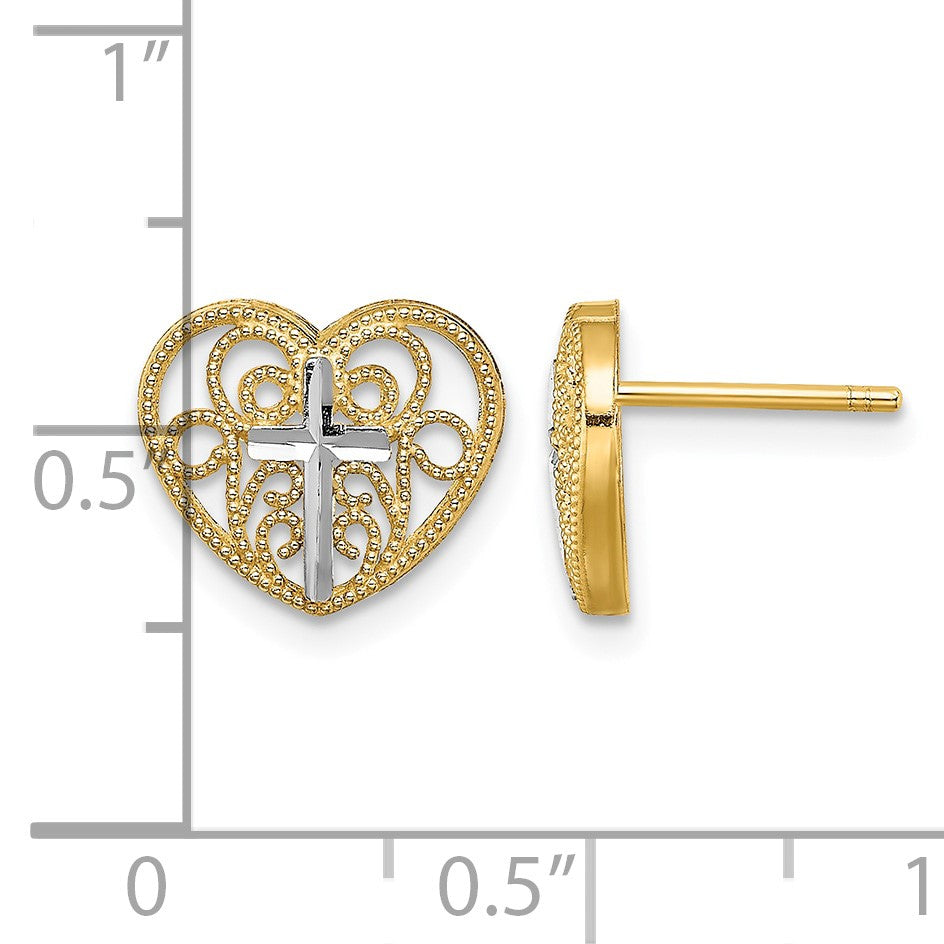 14K and White Rhodium Cross in Center Filigree Heart Post Earrings