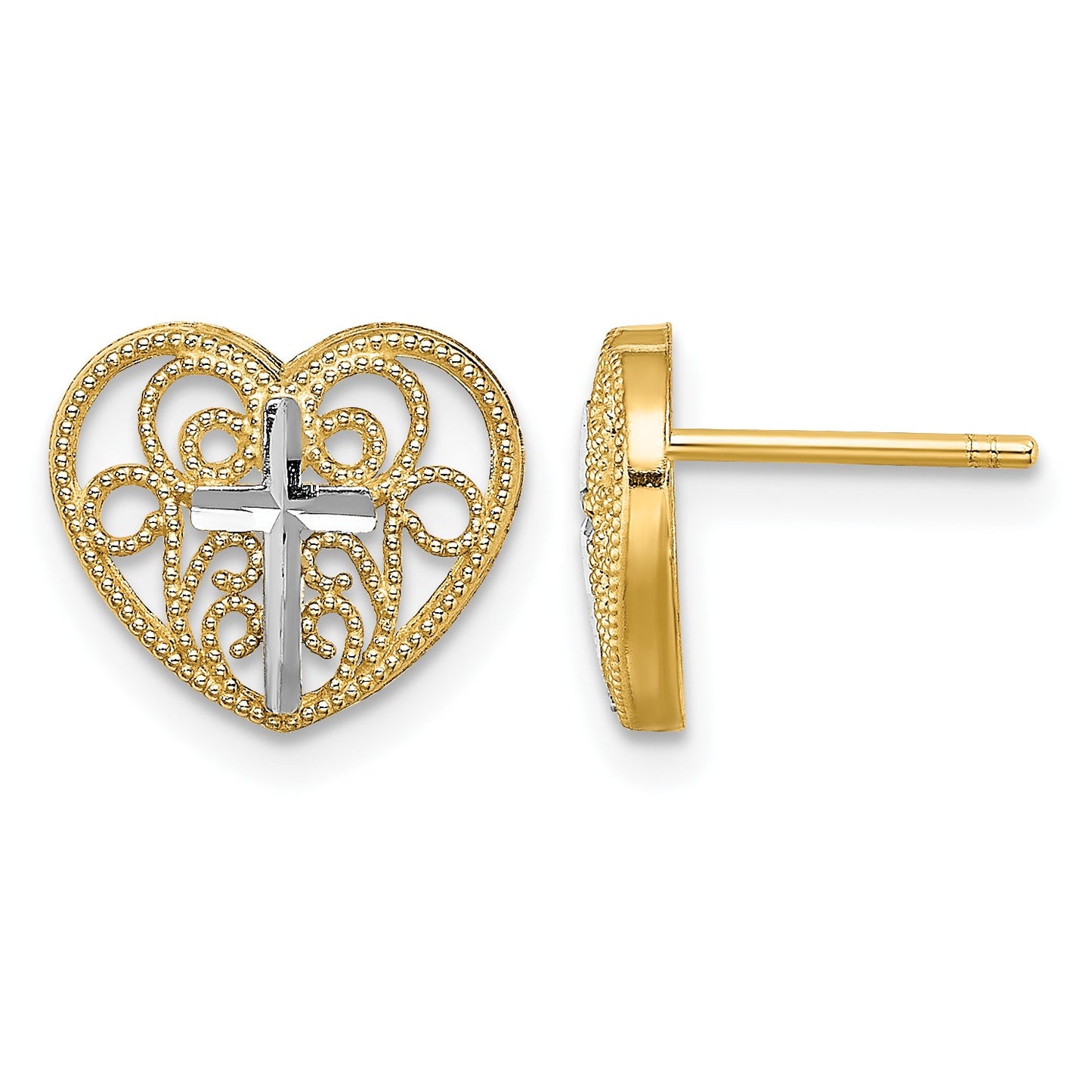 14K and White Rhodium Cross in Center Filigree Heart Post Earrings