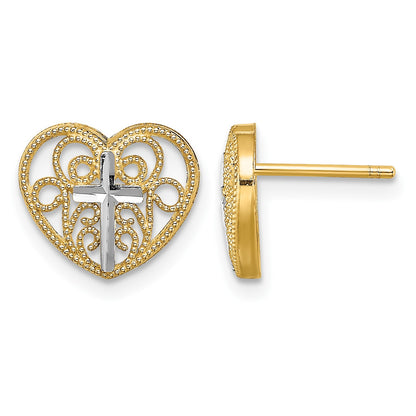 14K and White Rhodium Cross in Center Filigree Heart Post Earrings