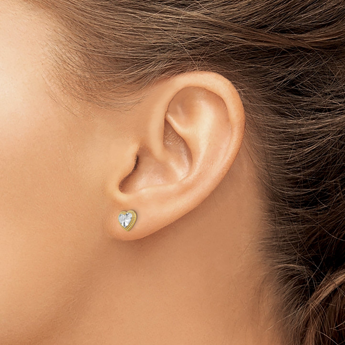 14k and White Rhodium Diamond-cut Heart Post Earrings