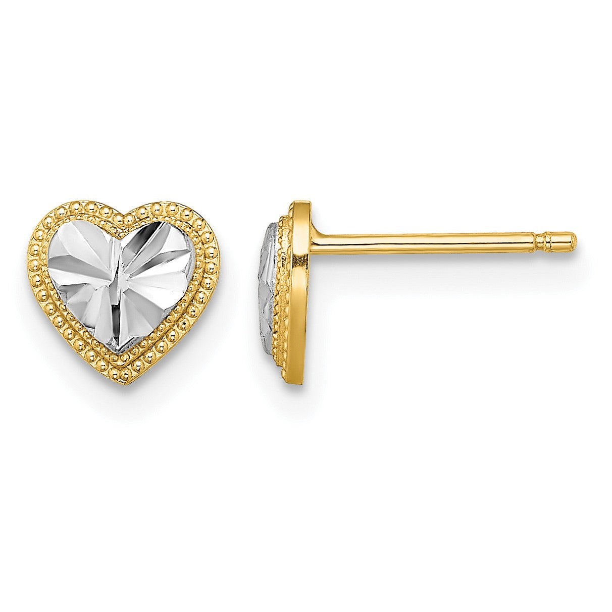 14k and White Rhodium Diamond-cut Heart Post Earrings