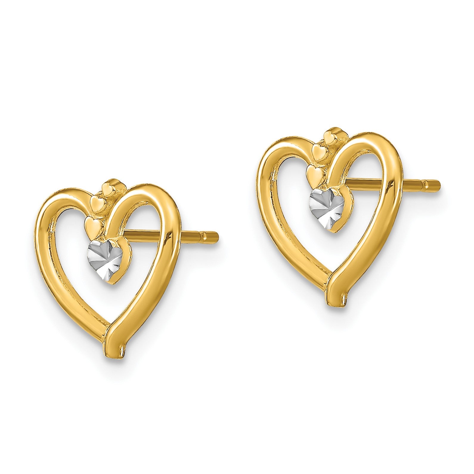 14k and White Rhodium Diamond-cut Heart Post Earrings