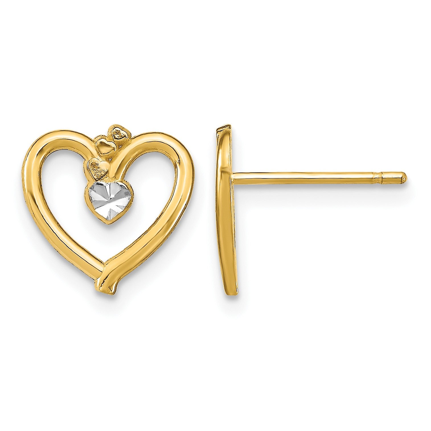 14k and White Rhodium Diamond-cut Heart Post Earrings